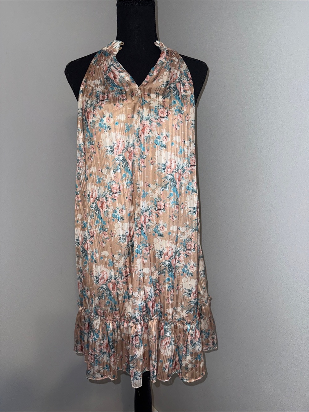 Lulu's Beige Metallic Floral Halter Mini Dress with Ruffle Hem
